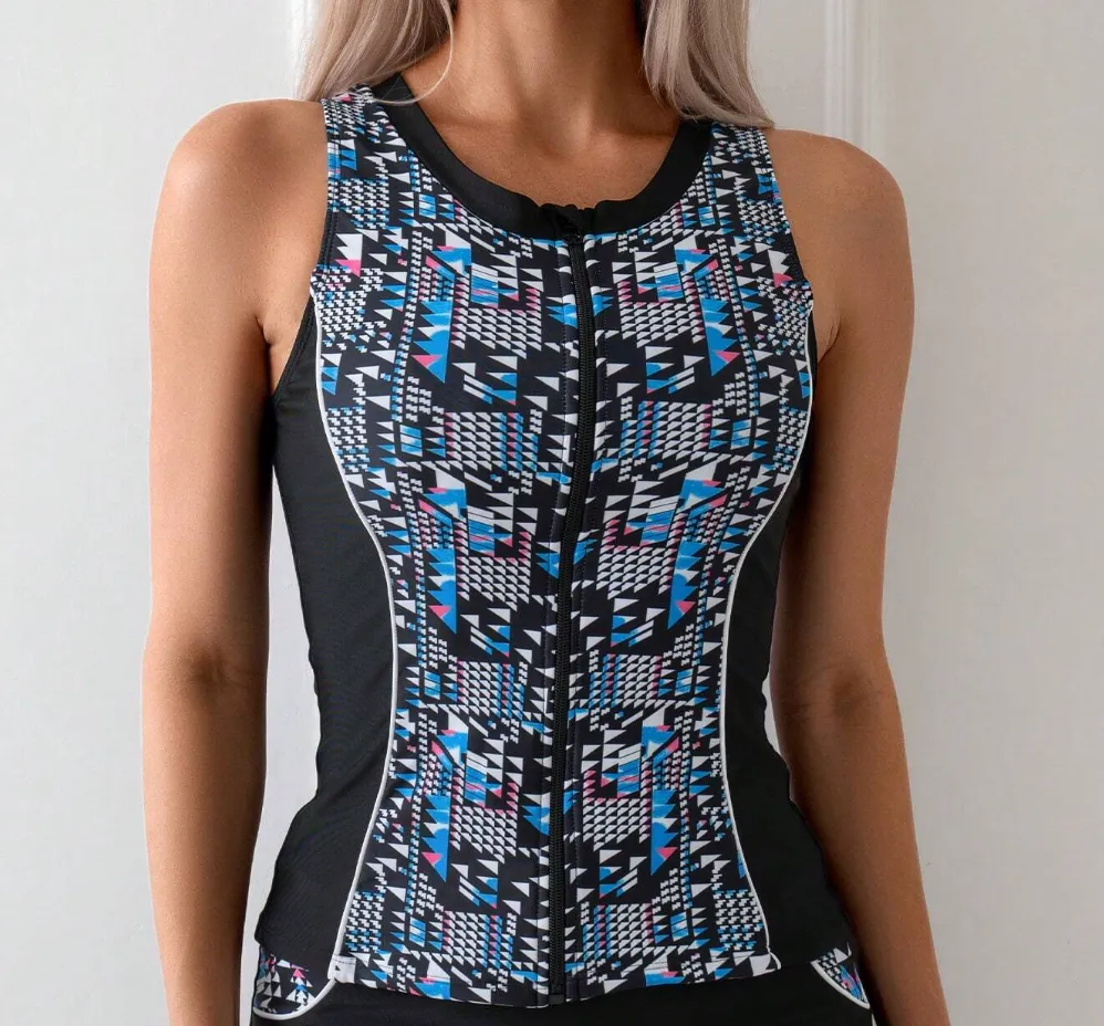 New SHEIN Swim Lushore Geometric Print Tankini Swim Vest, zip up (TOP ONLY!!) Sz XL! Pair this with any black shorts or swim skirt!