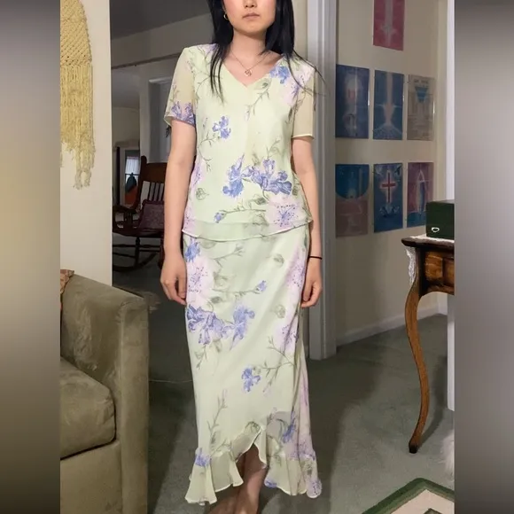 NWOT Vintage Dress Barn Light Green Pastel Floral 2-Piece Skirt Set Dress