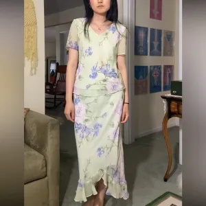 NWOT Vintage Dress Barn Light Green Pastel Floral 2-Piece Skirt Set Dress