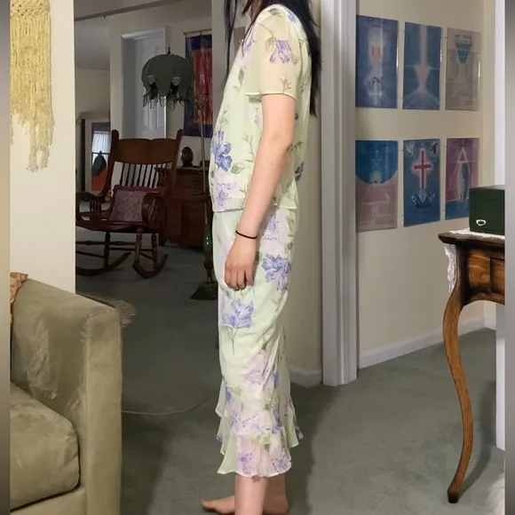 NWOT Vintage Dress Barn Light Green Pastel Floral 2-Piece Skirt Set Dress