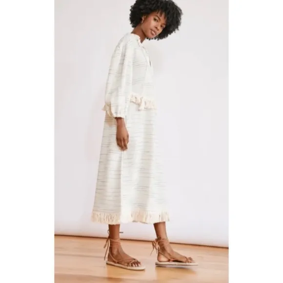 NWT Something Navy Piper Fringe Dress Boho Tasseled Knitted Midi Cream Sz Large