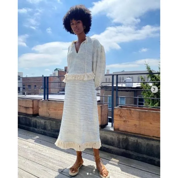 NWT Something Navy Piper Fringe Dress Boho Tasseled Knitted Midi Cream Sz Large