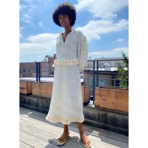NWT Something Navy Piper Fringe Dress Boho Tasseled Knitted Midi Cream Sz Large