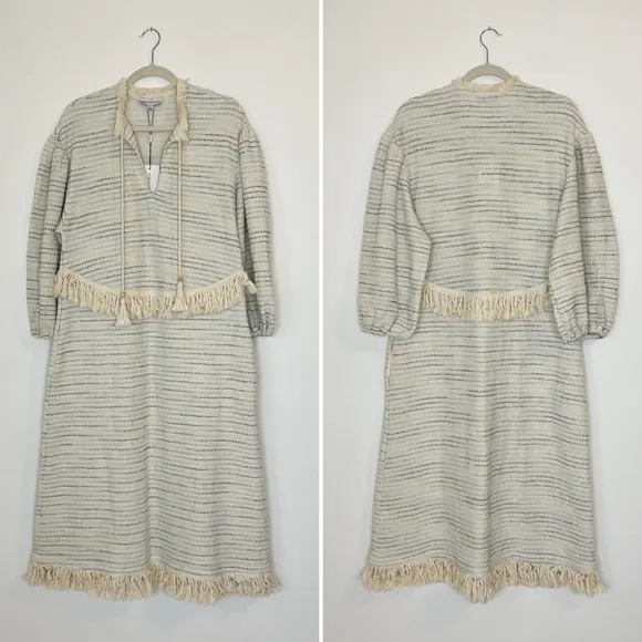NWT Something Navy Piper Fringe Dress Boho Tasseled Knitted Midi Cream Sz Large