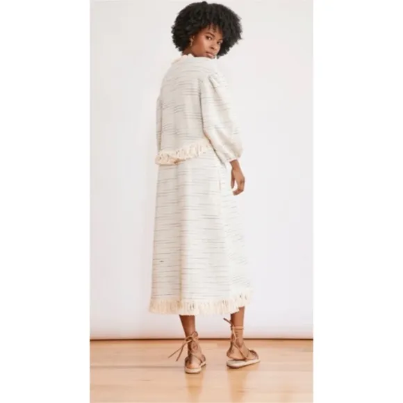 NWT Something Navy Piper Fringe Dress Boho Tasseled Knitted Midi Cream Sz Large