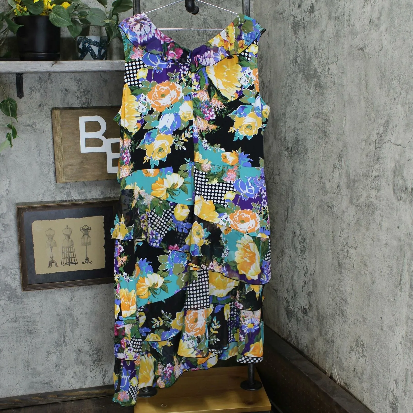 NWT Susan Graver Plus Size Floral Chiffon Ruffles Liquid Knit Dress . A351037 3X