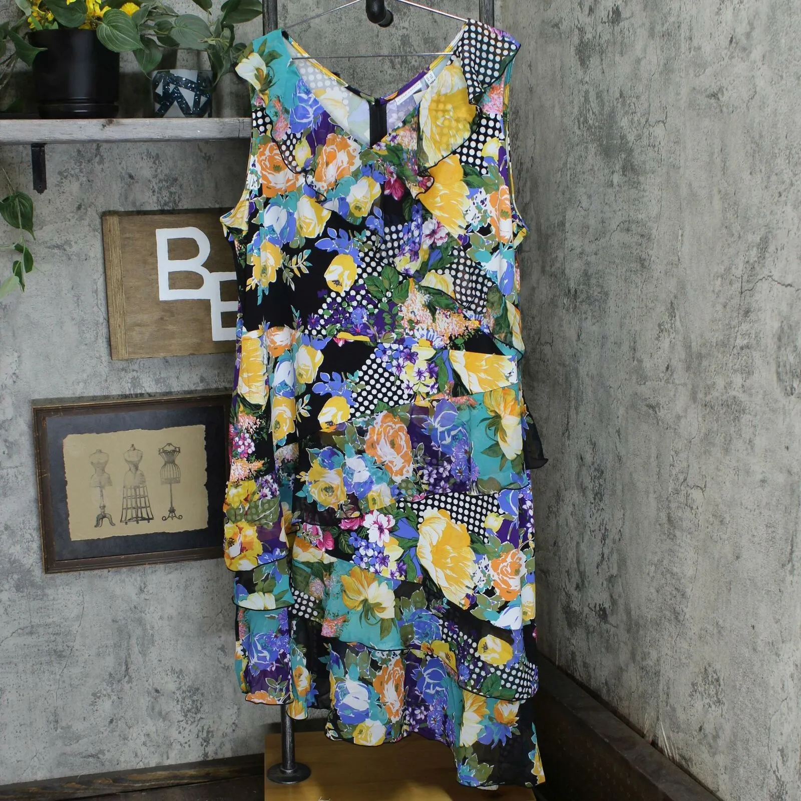 NWT Susan Graver Plus Size Floral Chiffon Ruffles Liquid Knit Dress . A351037 3X