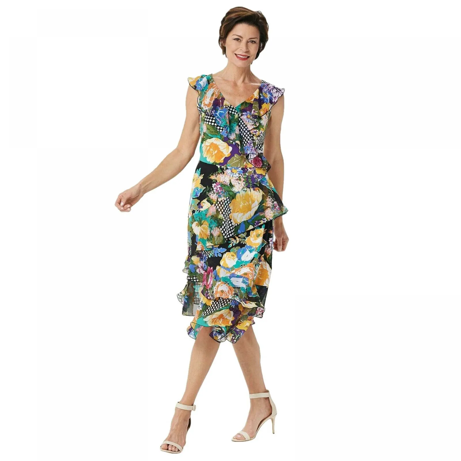 NWT Susan Graver Plus Size Floral Chiffon Ruffles Liquid Knit Dress . A351037 3X