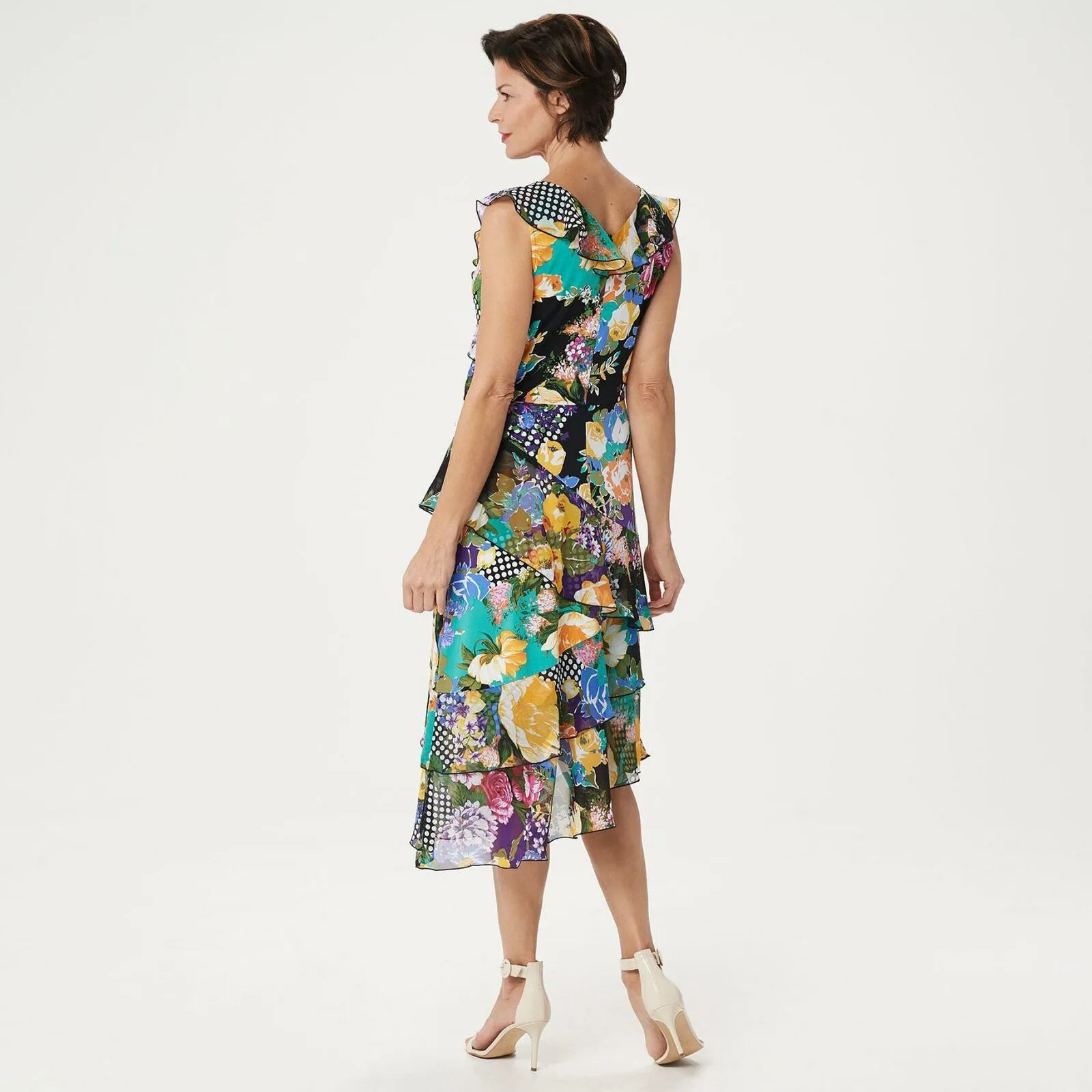 NWT Susan Graver Plus Size Floral Chiffon Ruffles Liquid Knit Dress . A351037 3X