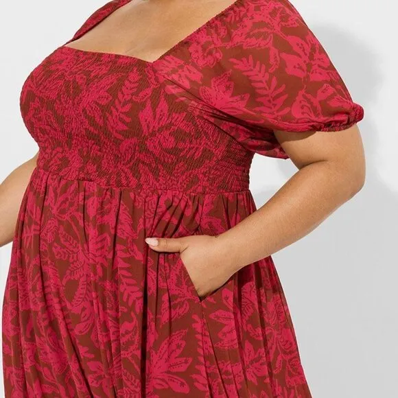 ❤NWT TORRID POCKETS DRESS - TEA LENGTH - A-LINE LEAF PRINT - CHIFFON - PLUS SIZE