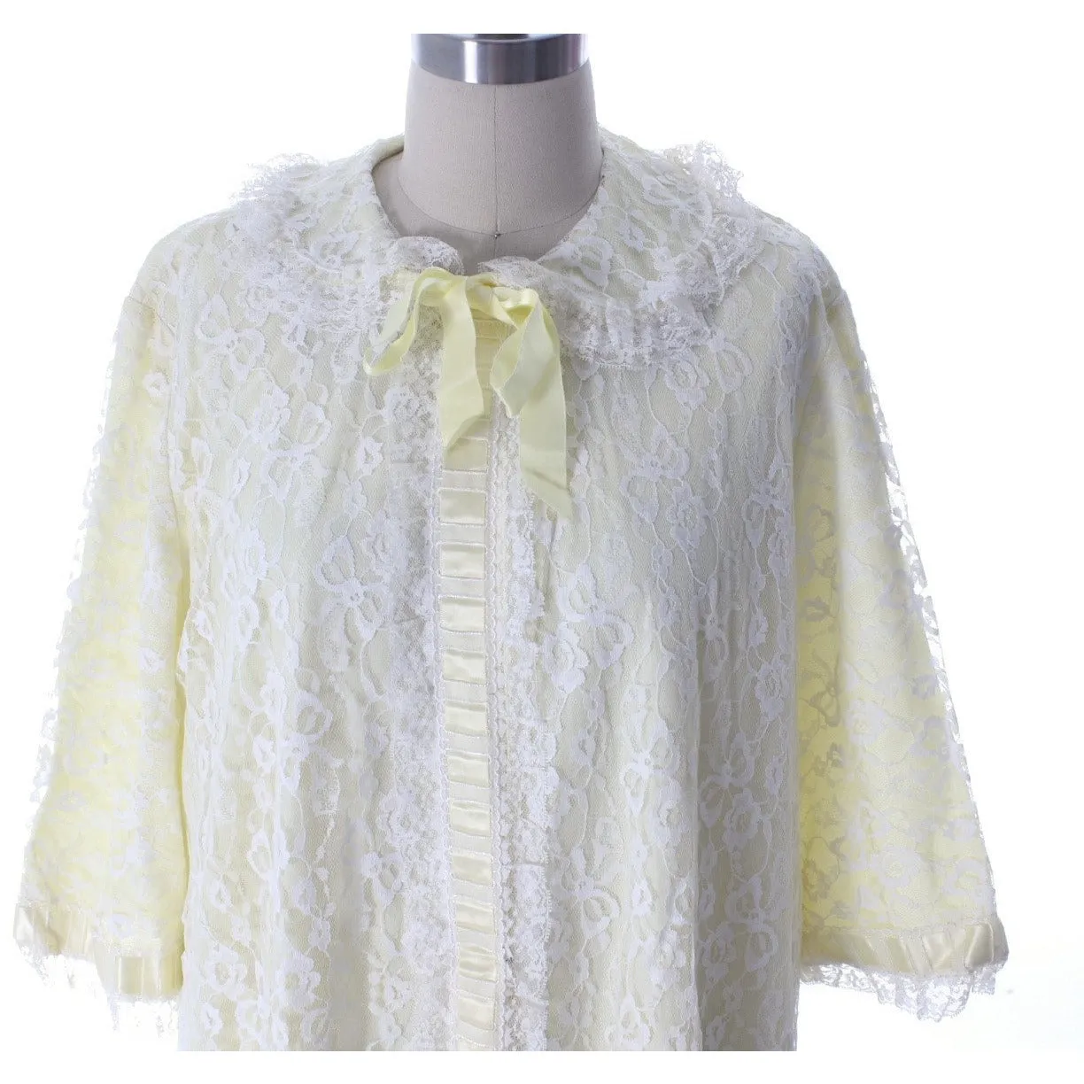 Odette Barsa Vintage Nylon Lingerie Nightgown Robe Set Lace Peignoir Negligee Yellow L NWT 1960s
