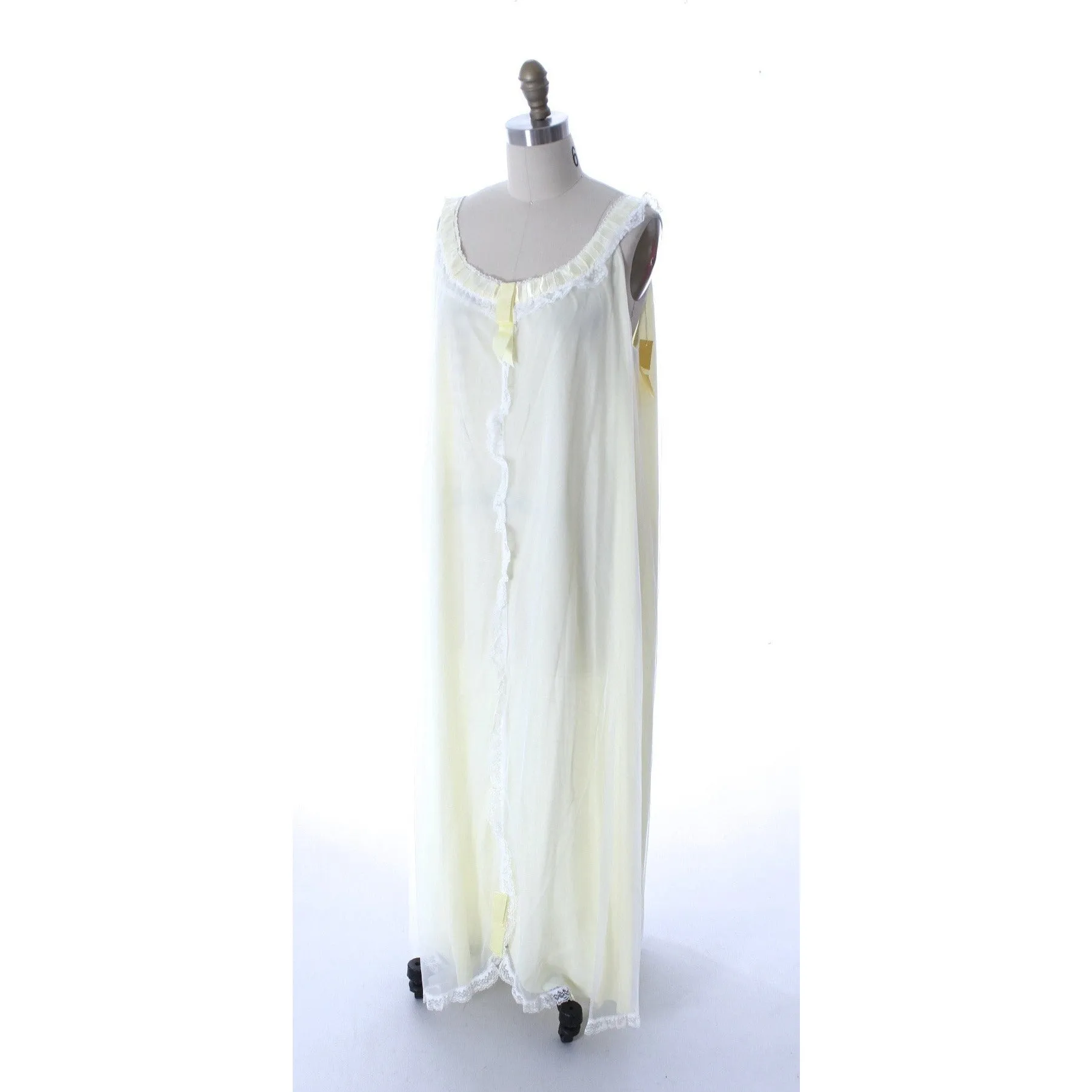 Odette Barsa Vintage Nylon Lingerie Nightgown Robe Set Lace Peignoir Negligee Yellow L NWT 1960s