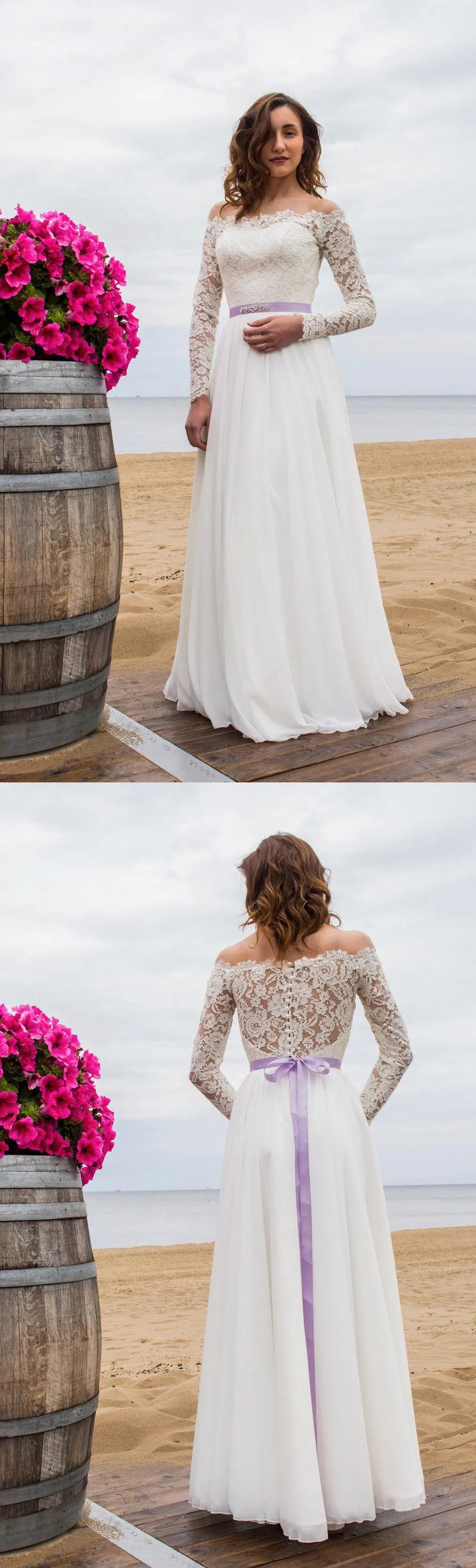 Off-Shoulder Long Sleeve Closed Sheer Back Wedding Dress With Chiffon Skirt-ET_711369