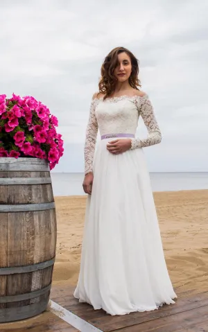 Off-Shoulder Long Sleeve Closed Sheer Back Wedding Dress With Chiffon Skirt-ET_711369