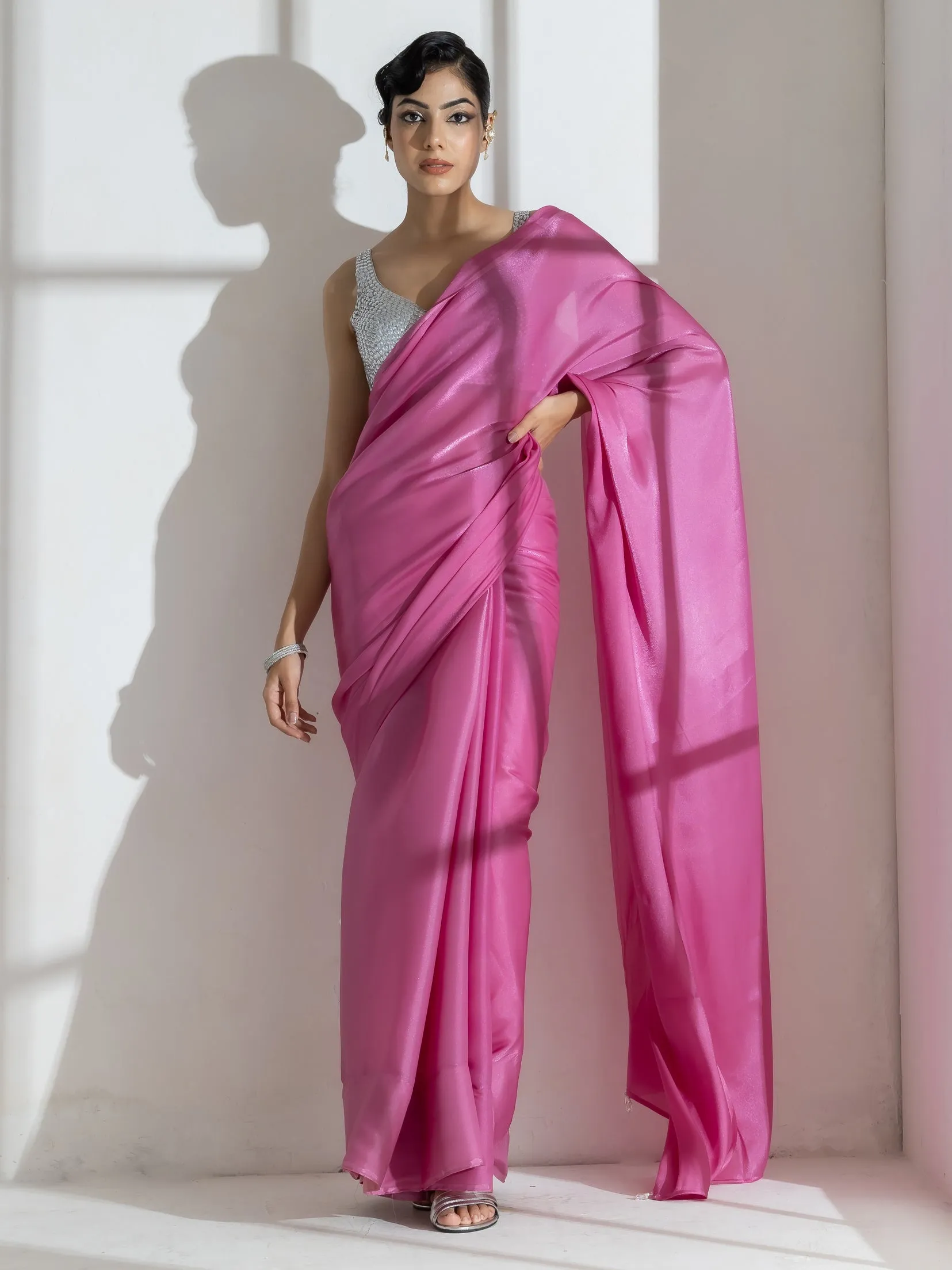 Onion Pink Silky Organza Saree with Beads and Self Blouse Fabric