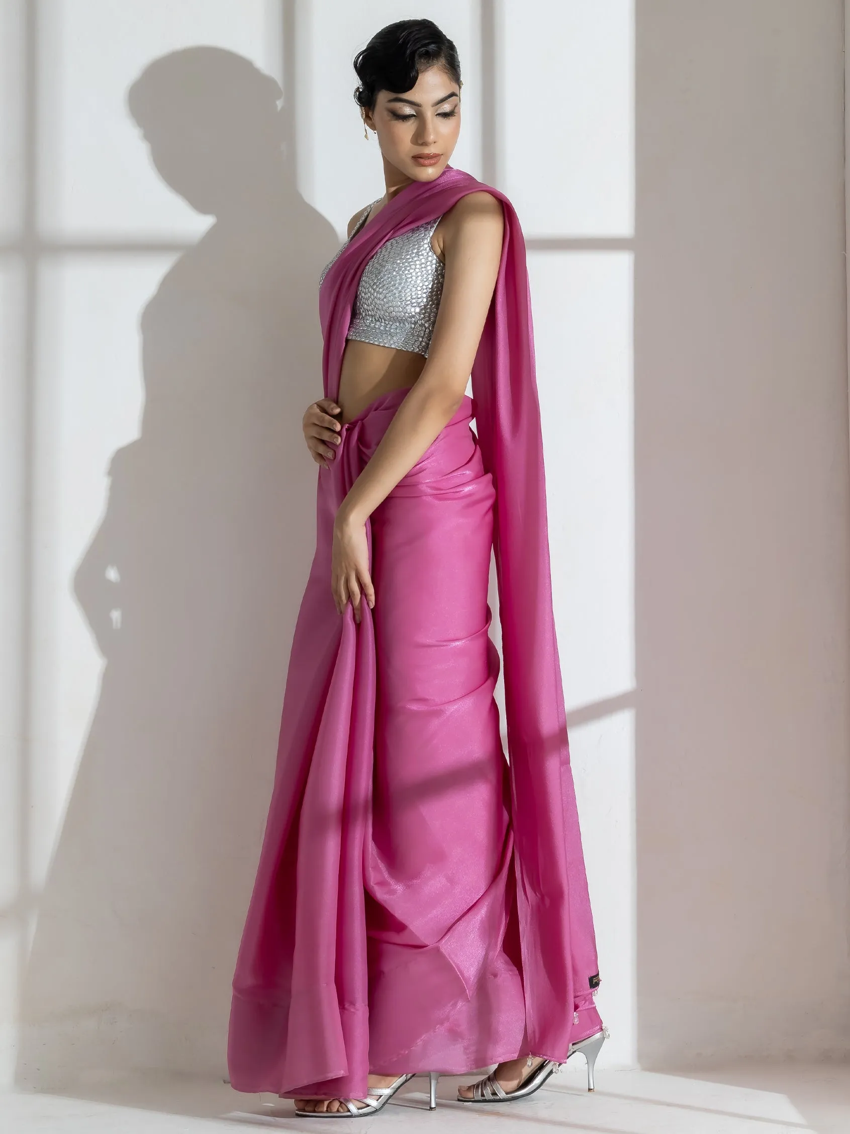Onion Pink Silky Organza Saree with Beads and Self Blouse Fabric
