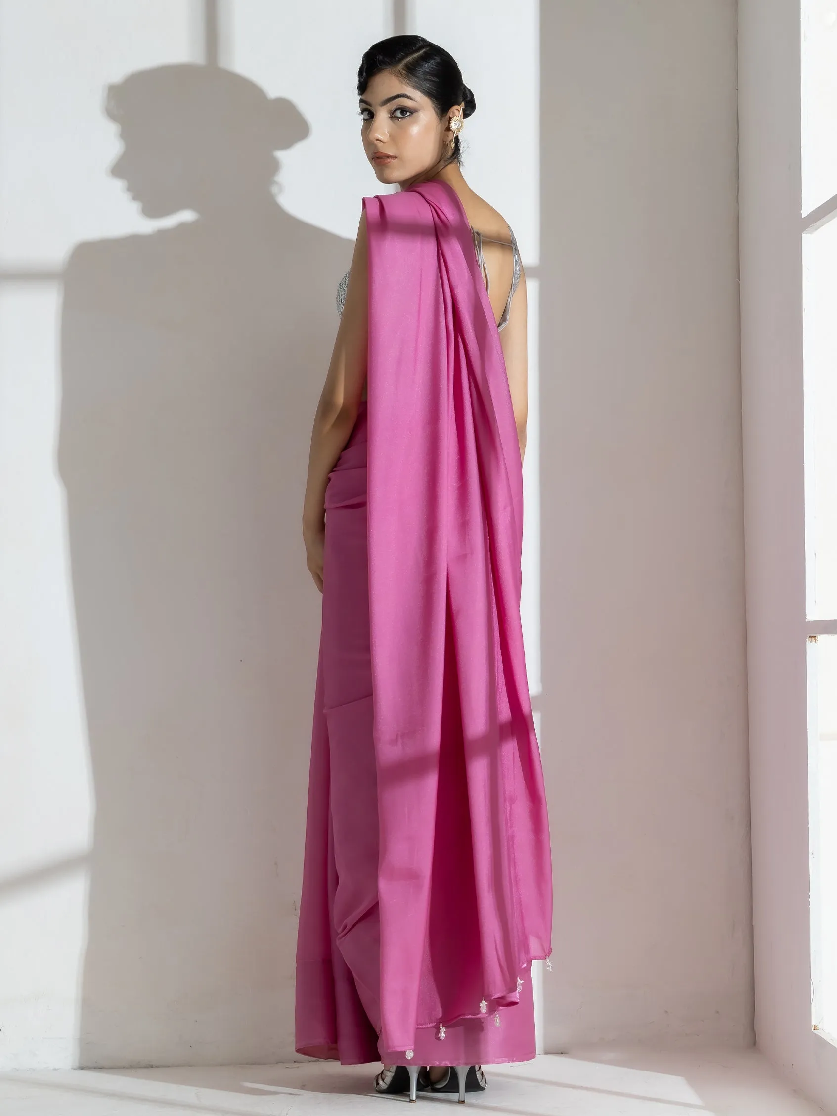 Onion Pink Silky Organza Saree with Beads and Self Blouse Fabric