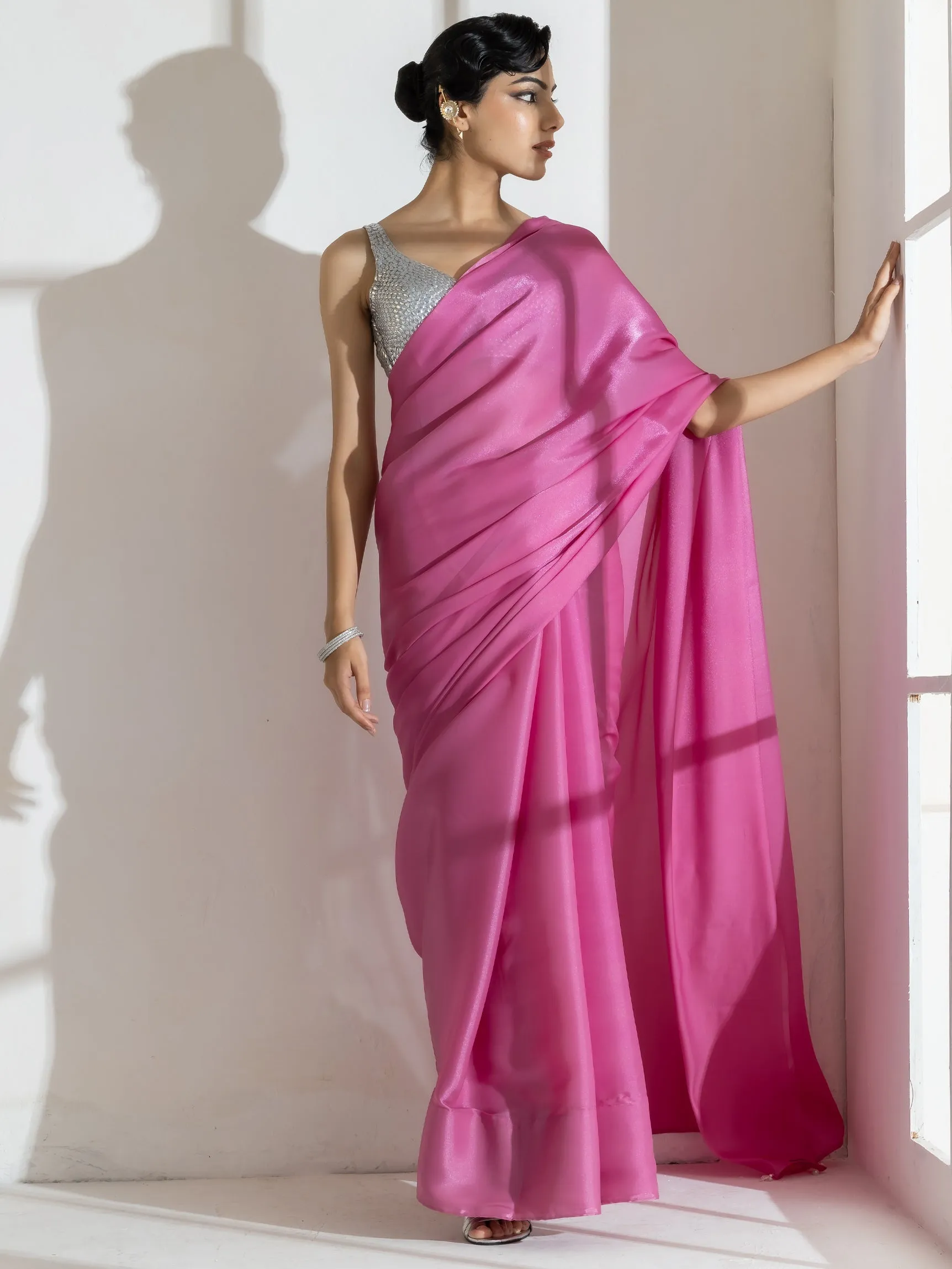 Onion Pink Silky Organza Saree with Beads and Self Blouse Fabric
