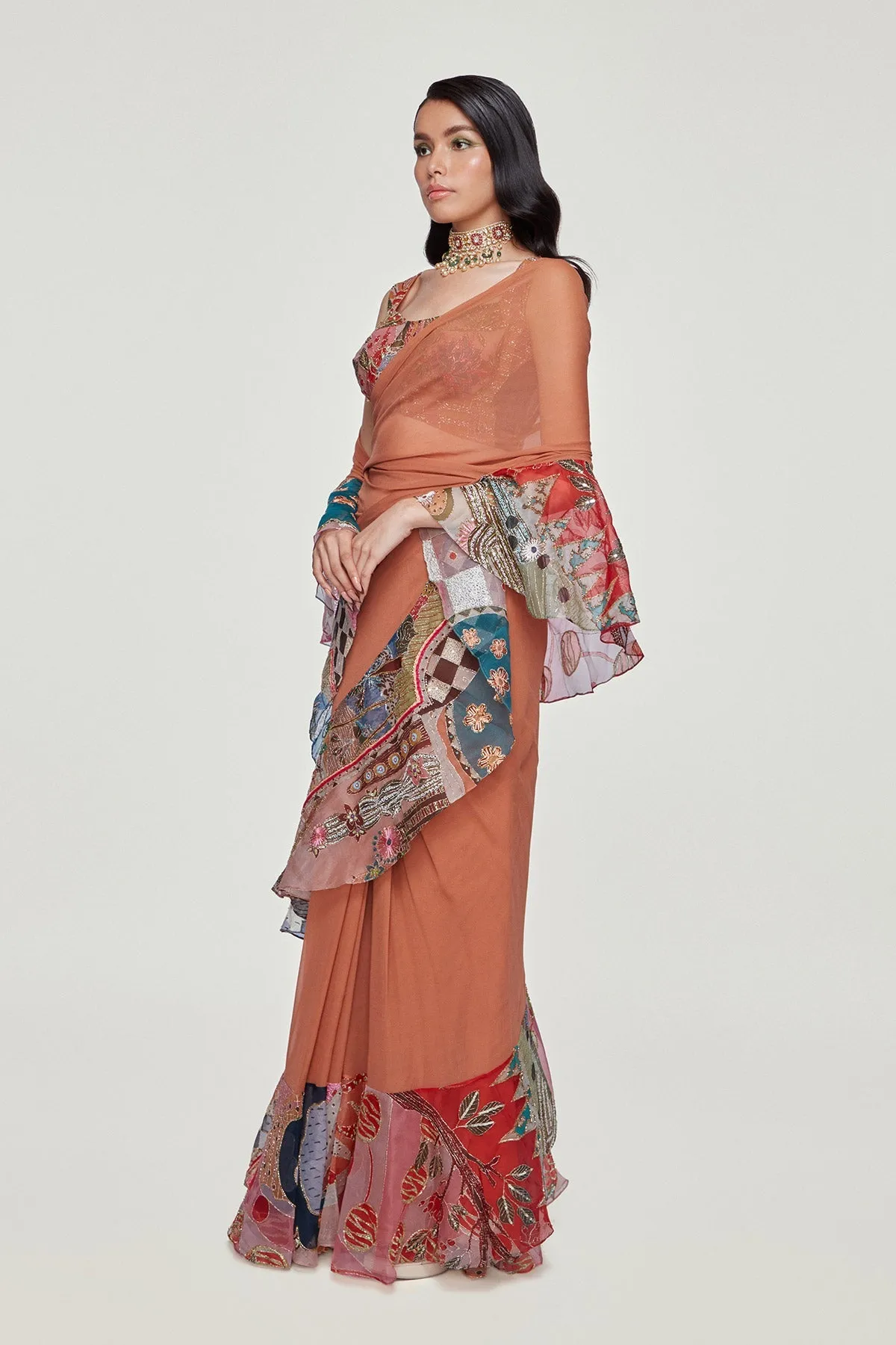 Orange Divergence Organza Printed And Embellished Ruffle Saree and Blouse.