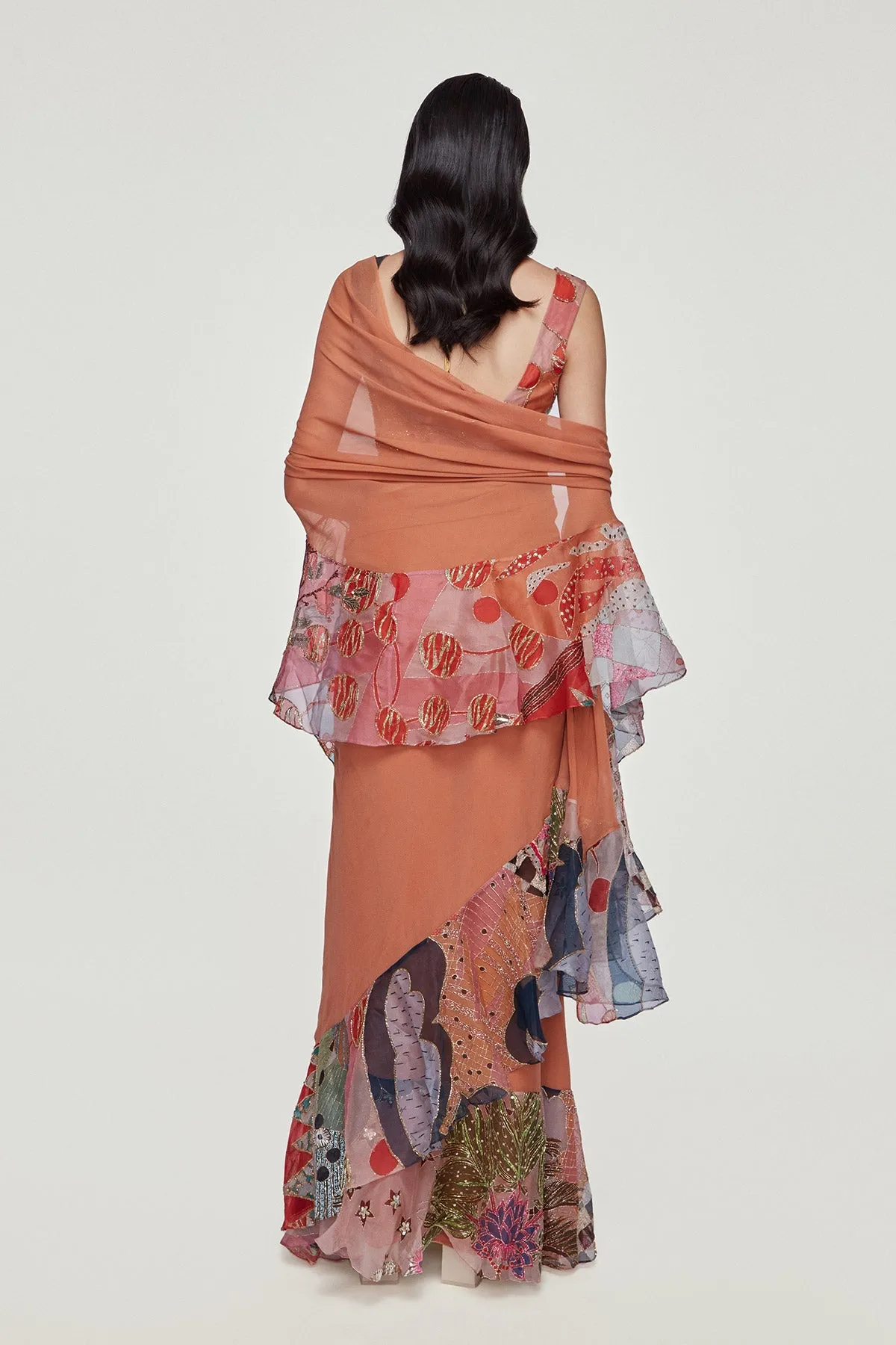Orange Divergence Organza Printed And Embellished Ruffle Saree and Blouse.