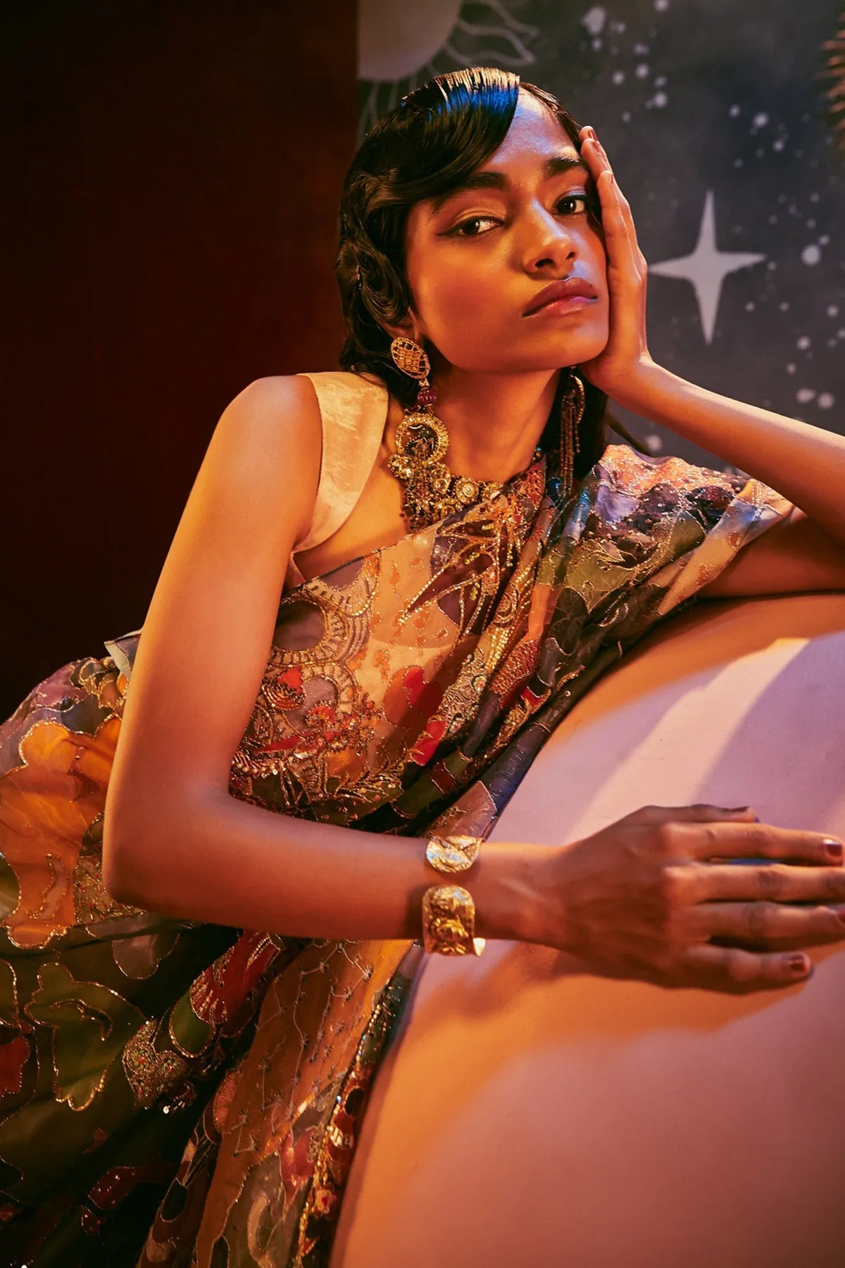 Peach Paper Dolls Organza Printed And Embellished Tissue Saree And Blouse