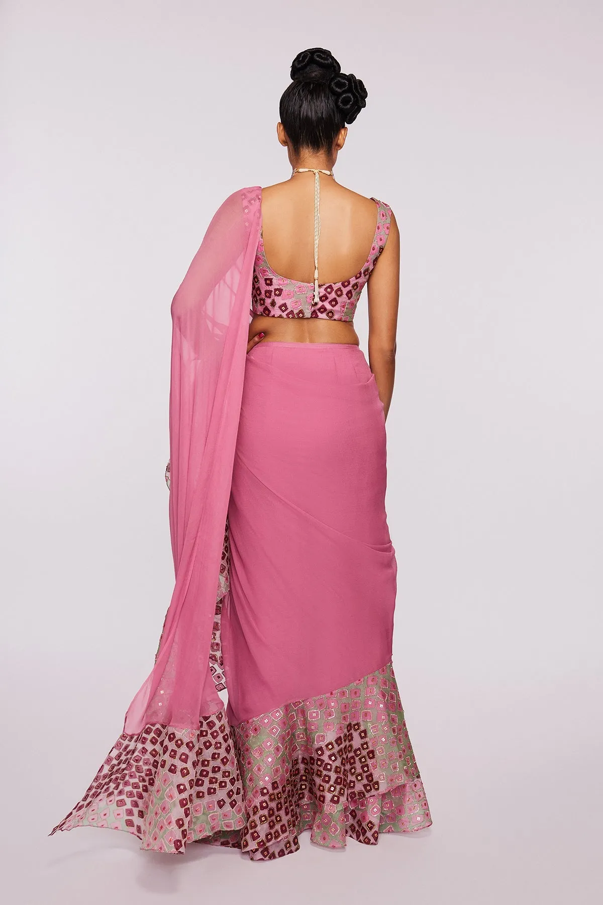 Pink Divergence Organza Eye Printed And Embellished Ruffle Saree And Blouse