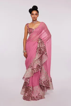 Pink Divergence Organza Eye Printed And Embellished Ruffle Saree And Blouse