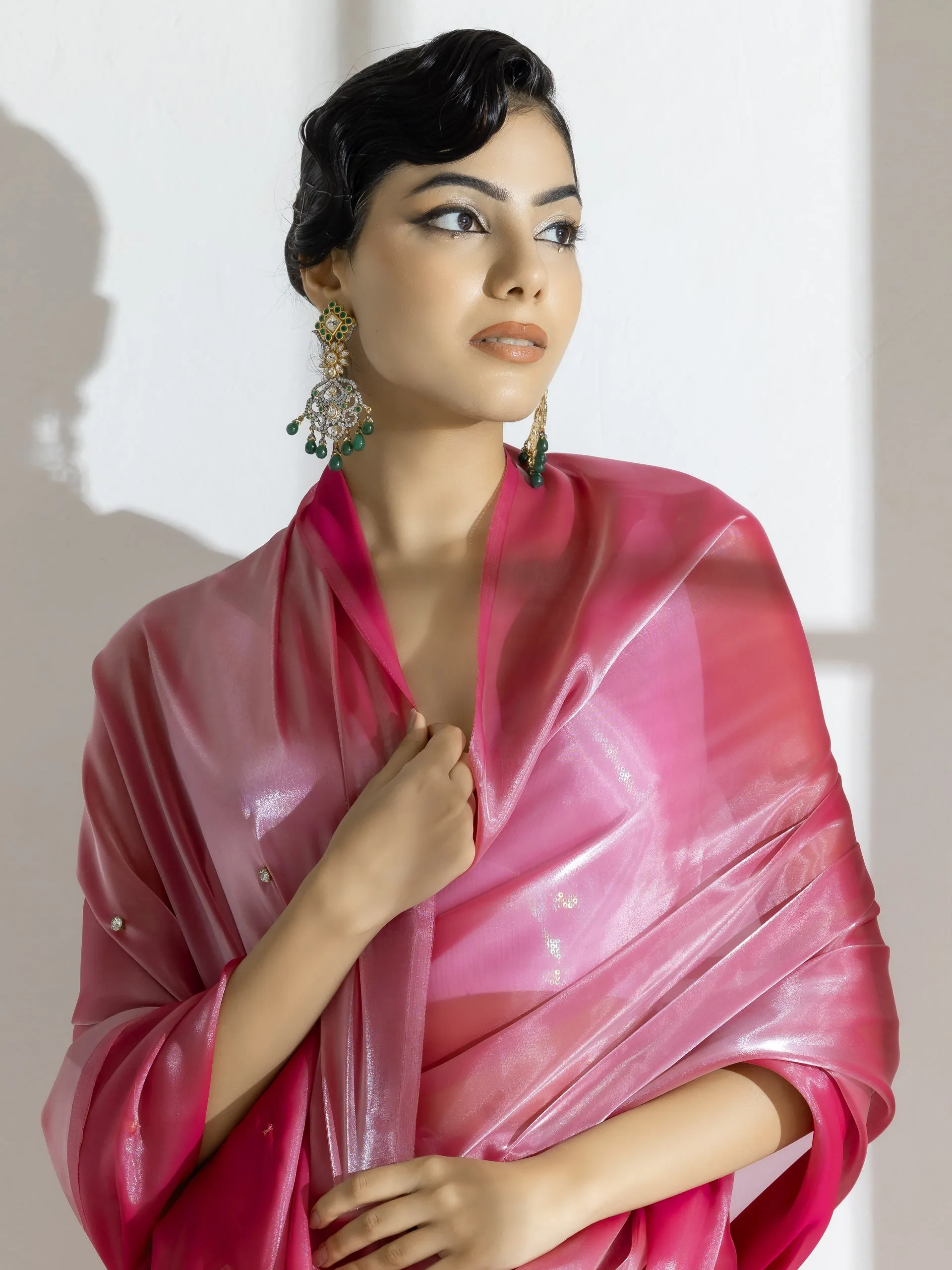 Pink Lotus Satin Organza Saree with Diamond Beads on Pallu
