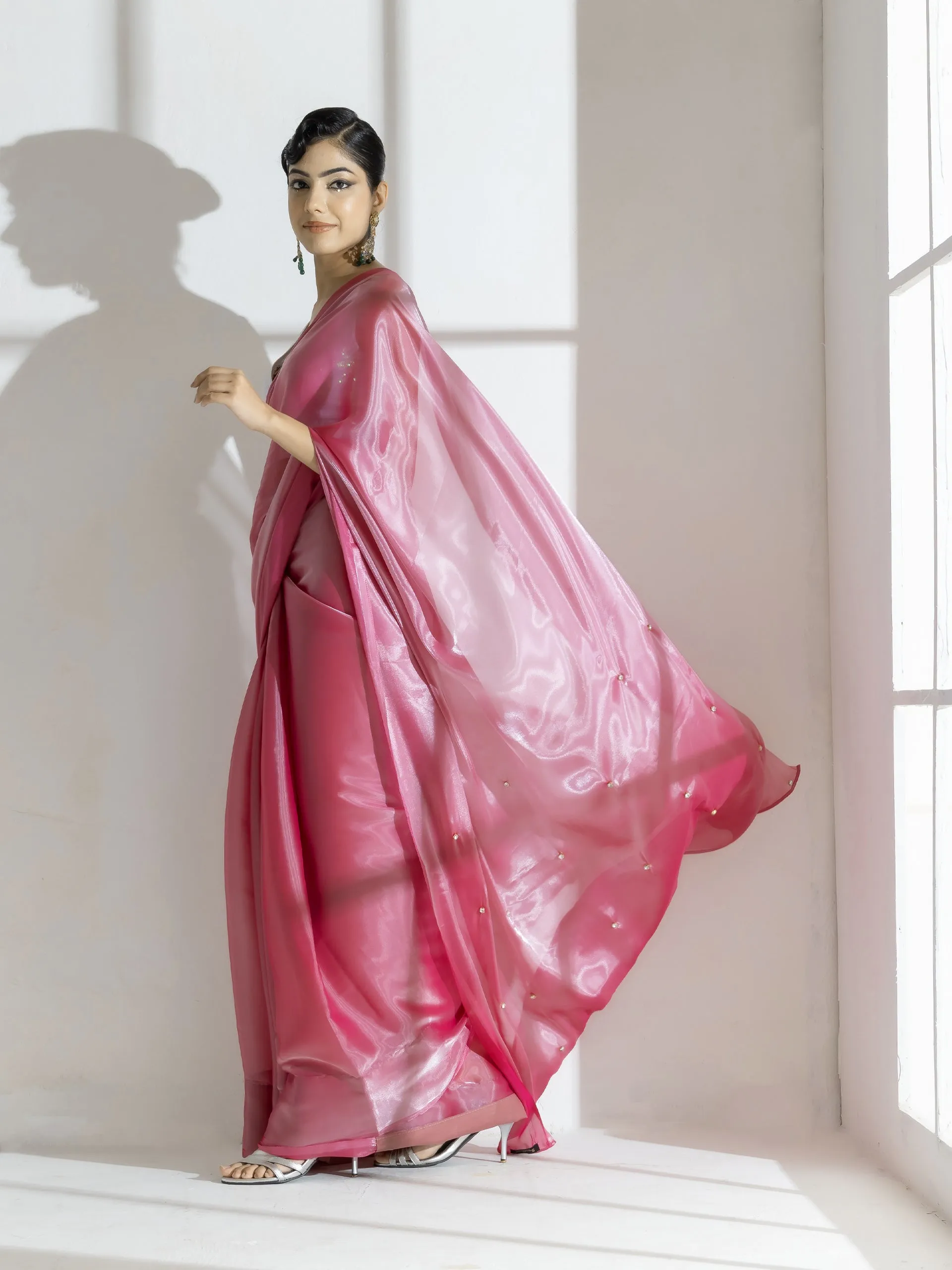 Pink Lotus Satin Organza Saree with Diamond Beads on Pallu
