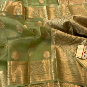 Pista Green Banarasi Semi Kora Organza Festive Wear Saree