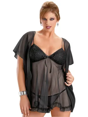 Plus Size Black Lingerie Babydoll and Robe Set