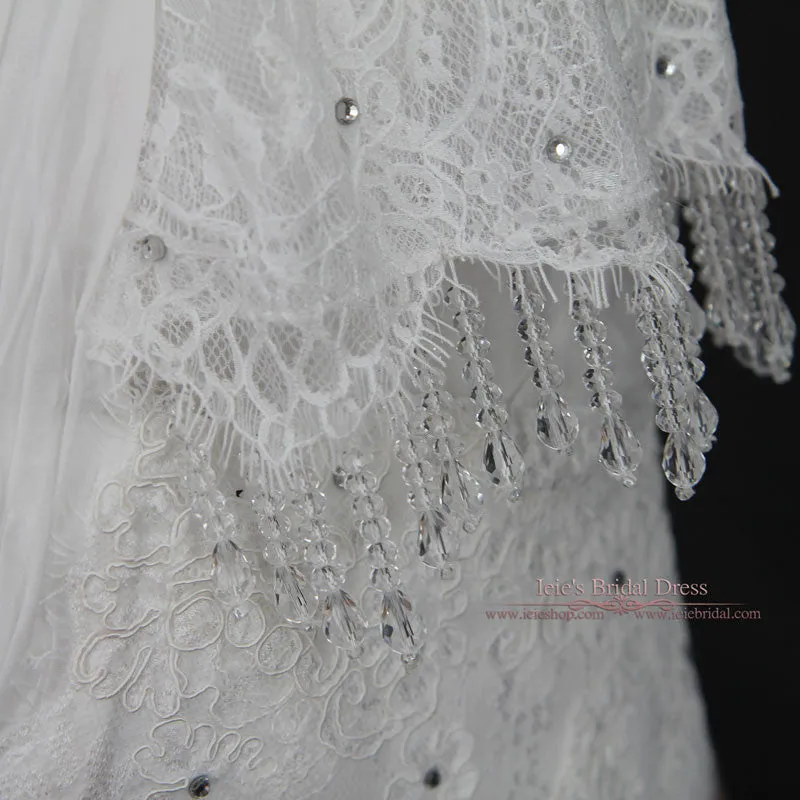Plus Size Vintage Lace Chiffon Wedding Dress with Jeweled Sash and Fringe Cap Sleeves | Lilly