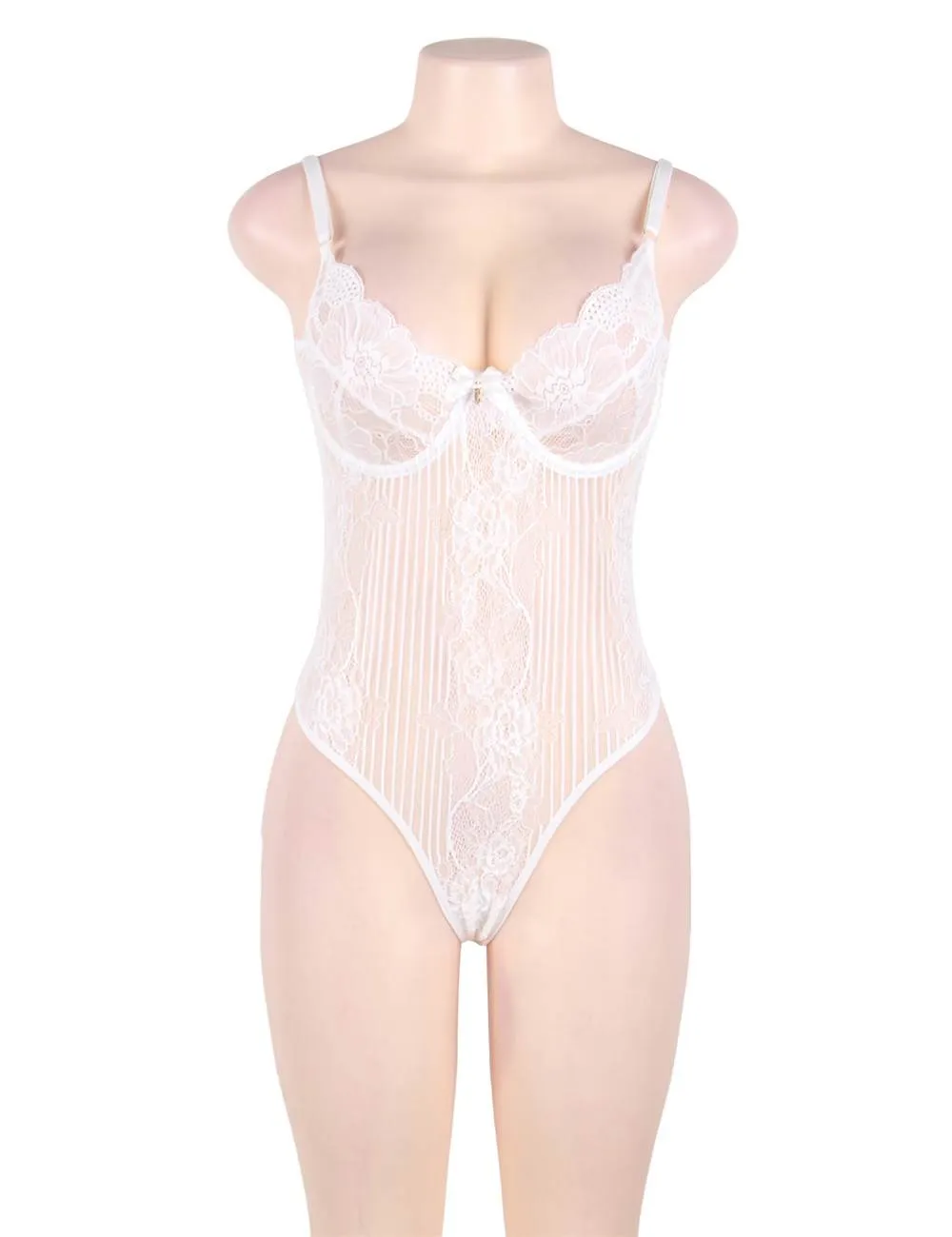 Plus Size White Glamour Underwire Hollywood Sheer Lace Teddy With Steel Ring