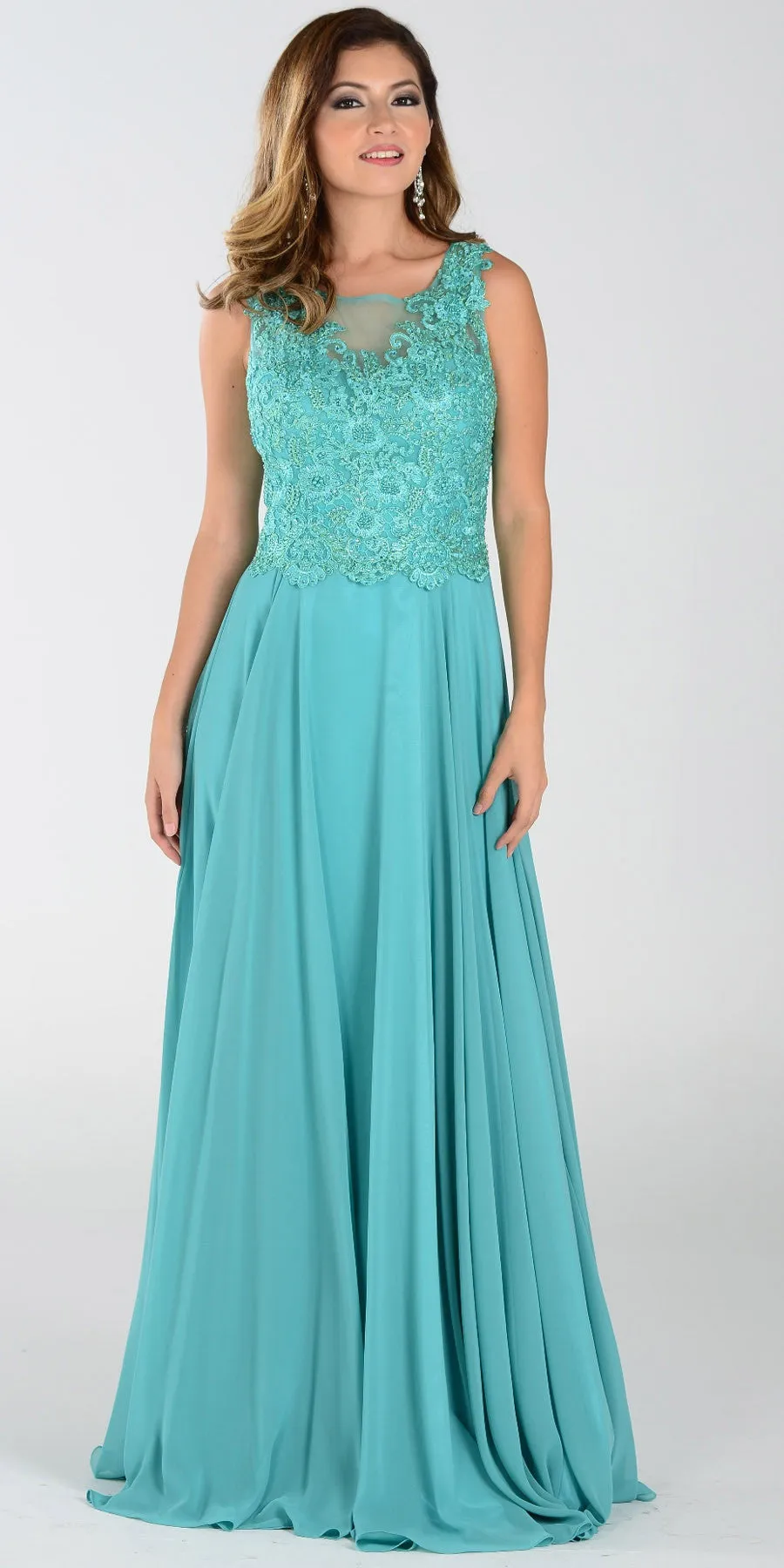 Poly USA 7472 Lace Applique Top Long Chiffon Dress