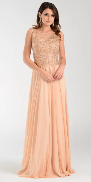 Poly USA 7472 Lace Applique Top Long Chiffon Dress
