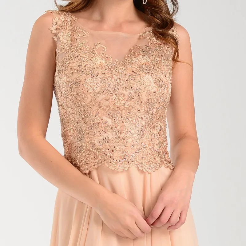 Poly USA 7472 Lace Applique Top Long Chiffon Dress