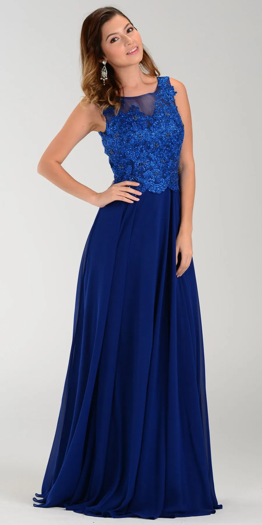 Poly USA 7472 Lace Applique Top Long Chiffon Dress