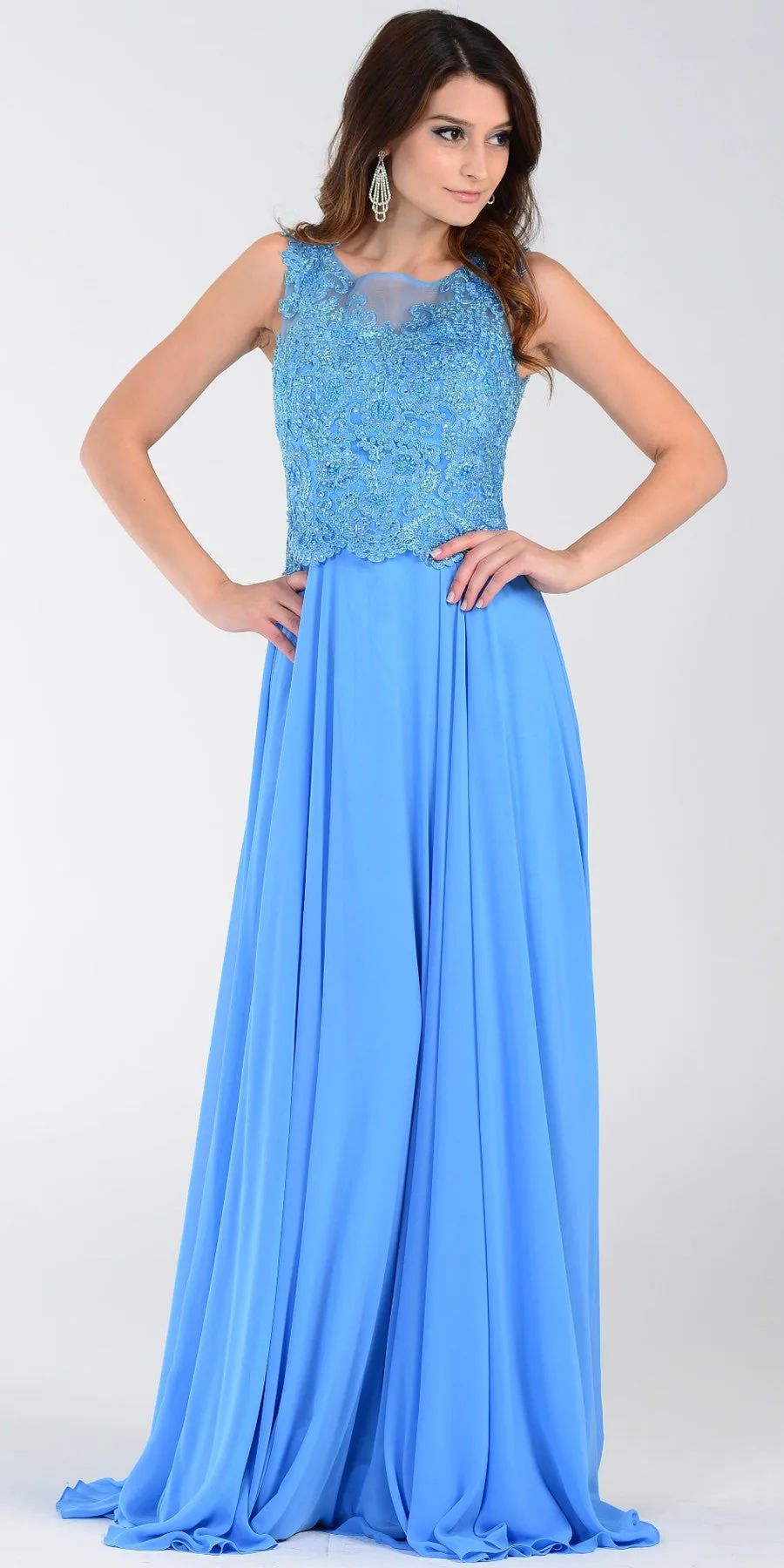 Poly USA 7472 Lace Applique Top Long Chiffon Dress