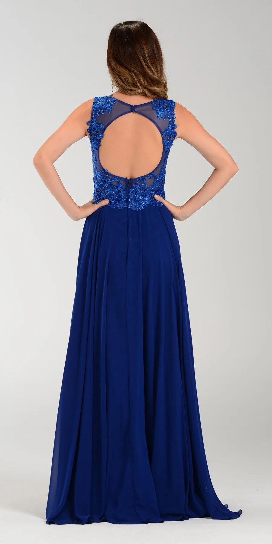 Poly USA 7472 Lace Applique Top Long Chiffon Dress