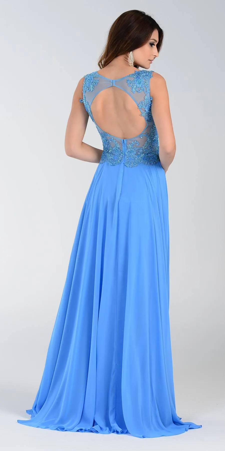 Poly USA 7472 Lace Applique Top Long Chiffon Dress
