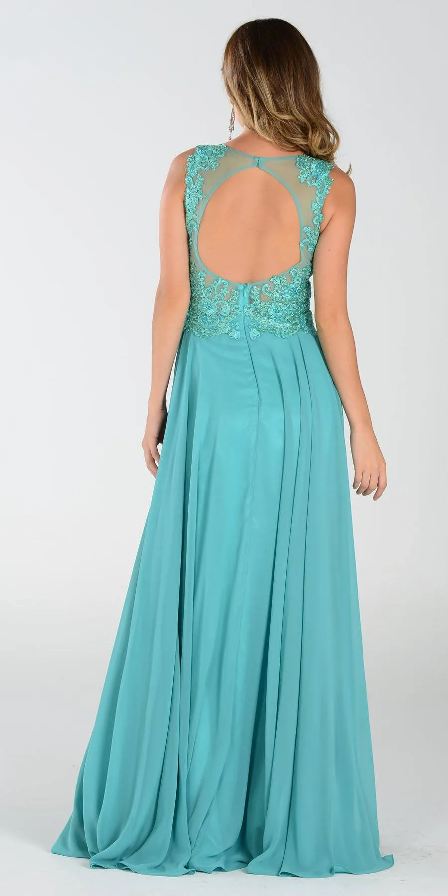 Poly USA 7472 Lace Applique Top Long Chiffon Dress