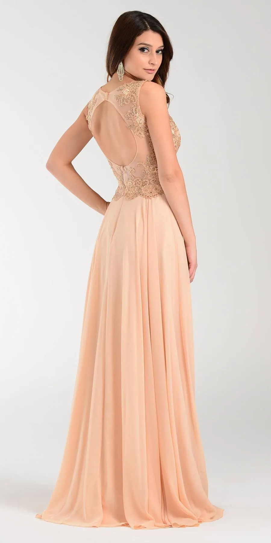 Poly USA 7472 Lace Applique Top Long Chiffon Dress
