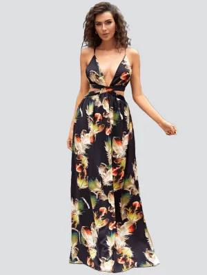 Print Lace Up Backless Maxi Cami Dress XH1906