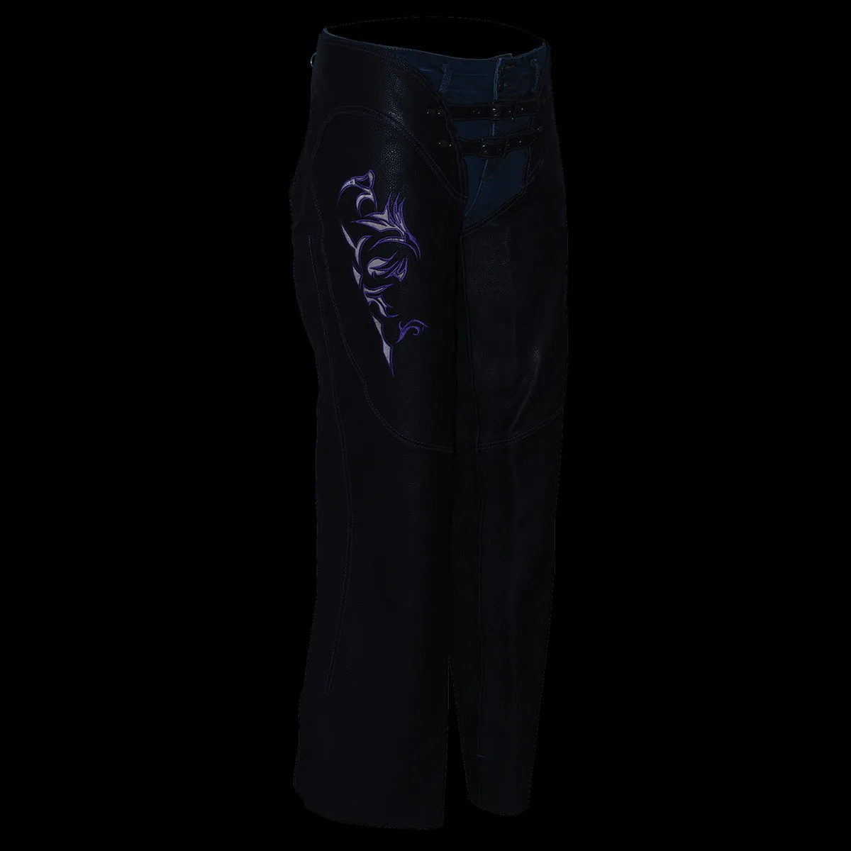 .Purple ML1187.08 Leather Chaps for Women Black and Purple Low-Rise Waist- Double Buckle Reflective Embroidery Motorcycle Chap- ML1187