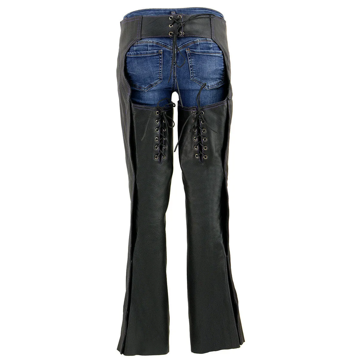 .Purple ML1187.08 Leather Chaps for Women Black and Purple Low-Rise Waist- Double Buckle Reflective Embroidery Motorcycle Chap- ML1187