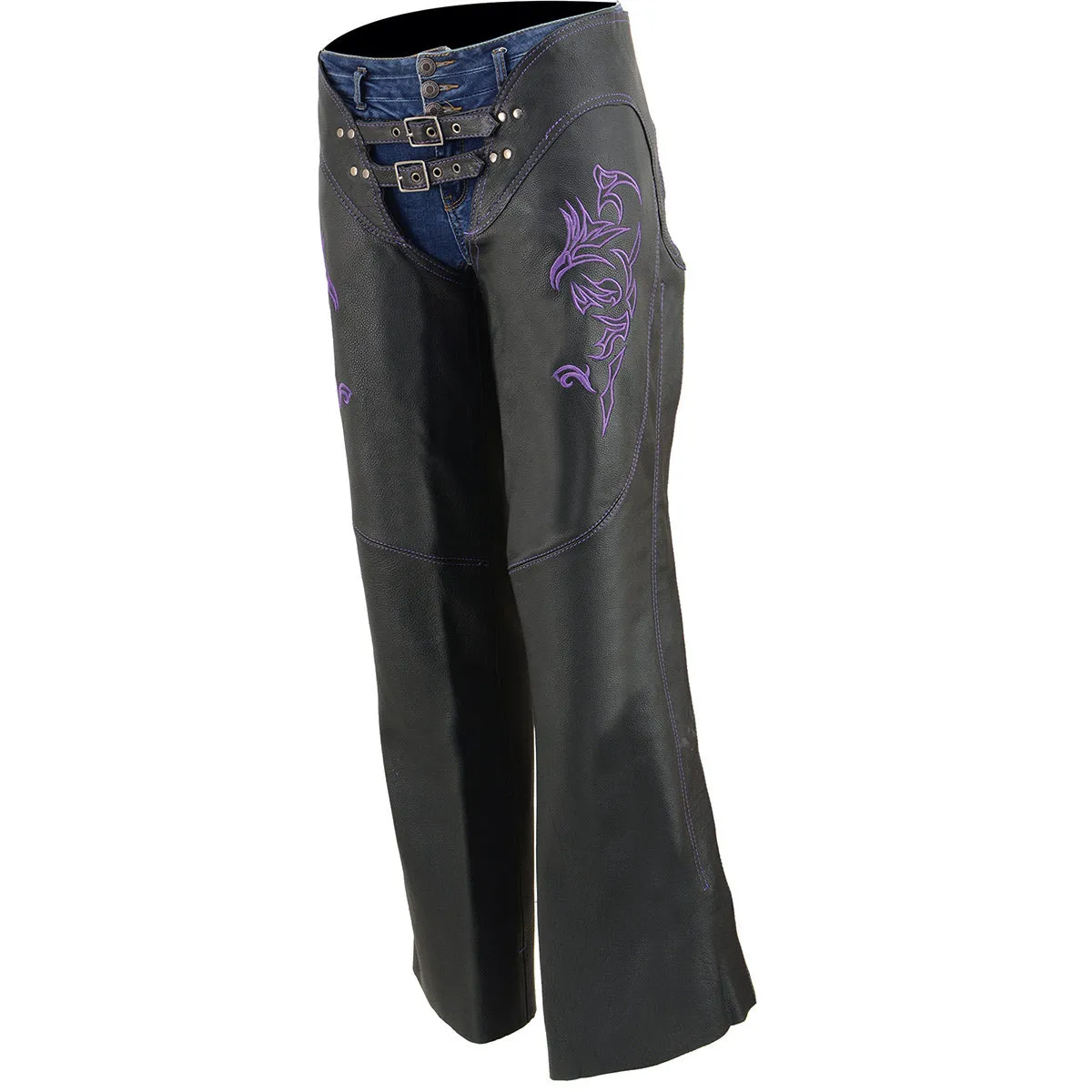 .Purple ML1187.08 Leather Chaps for Women Black and Purple Low-Rise Waist- Double Buckle Reflective Embroidery Motorcycle Chap- ML1187