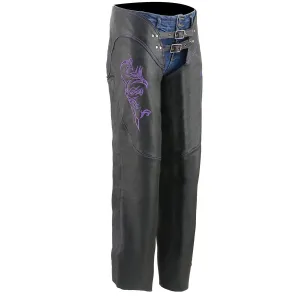 .Purple ML1187.08 Leather Chaps for Women Black and Purple Low-Rise Waist- Double Buckle Reflective Embroidery Motorcycle Chap- ML1187