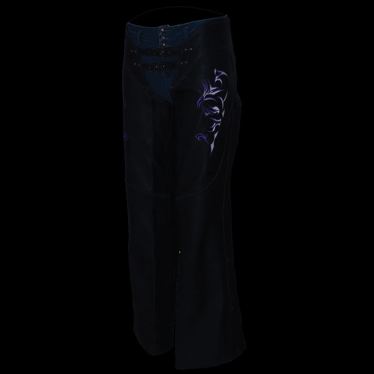 .Purple ML1187.08 Leather Chaps for Women Black and Purple Low-Rise Waist- Double Buckle Reflective Embroidery Motorcycle Chap- ML1187