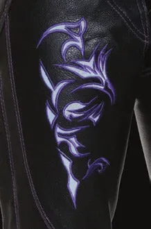 .Purple ML1187.08 Leather Chaps for Women Black and Purple Low-Rise Waist- Double Buckle Reflective Embroidery Motorcycle Chap- ML1187