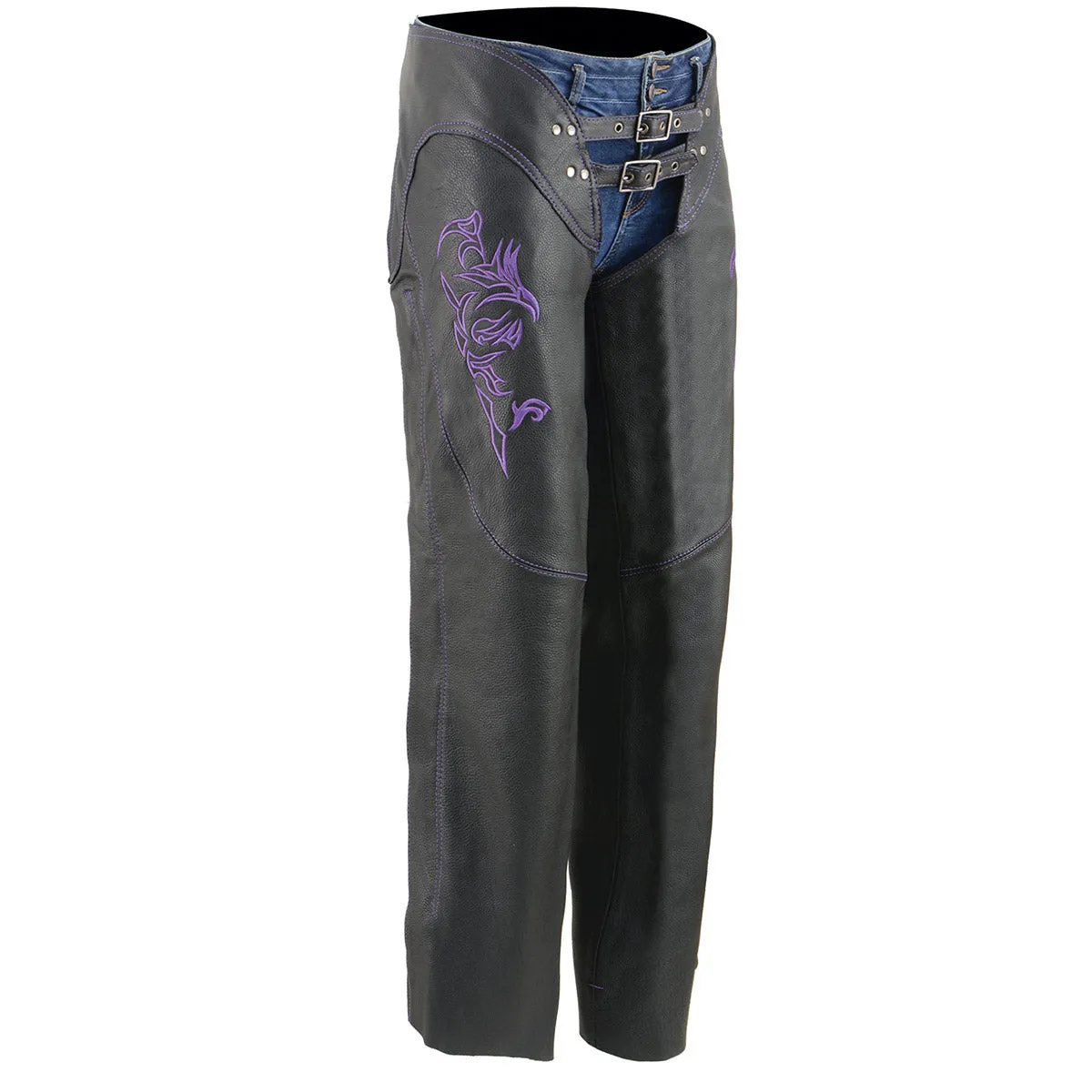 .Purple ML1187.08 Leather Chaps for Women Black and Purple Low-Rise Waist- Double Buckle Reflective Embroidery Motorcycle Chap- ML1187